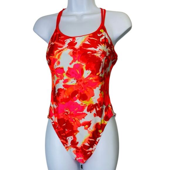 Nike Floral Red and Orange Swimsuit One Piece Size 8 - Picture 1 of 5